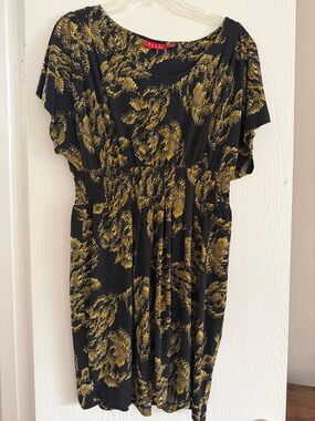 Elle Black Midi Dress with Mustard abstract Floral Print